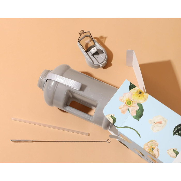Пляшка для води H2O Capsule INSPO 2,5 л з мітками часу, соломинкою, ручкою та ремінцем, харчовий пластик, не протікає, мотиваційна, сіро-бежева