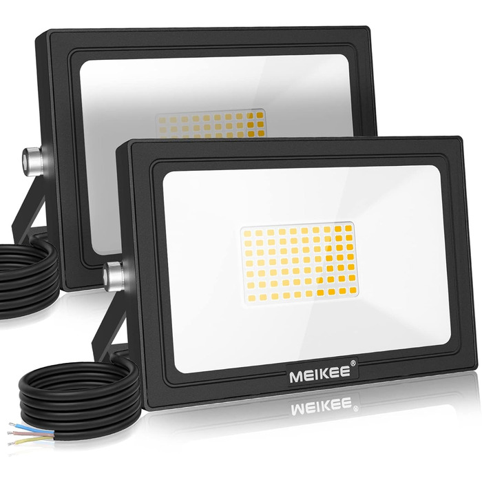 MEIKEE LED Прожектор 60 Вт, тепле біле світло 2700K, 5200 Лм, суперяскравий, 2 шт., IP66 водонепроникний, для саду, двору, гаража, під'їзду