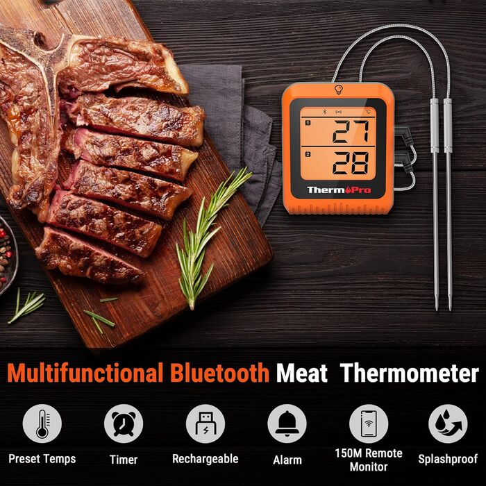 Кухонний термометр ThermoPro TP25H2 з Bluetooth, таймером і сигналом, 150 м – термометр для м'яса, гриля, духовки