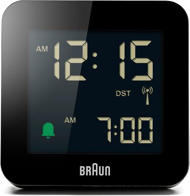 Цифровий радіо-будильник Braun BC09B-DCF з негативним LCD-дисплеєм, функцією швидкого налаштування, поступовим сигналом, режимом сну, для центральноєвропейського часу, чорний