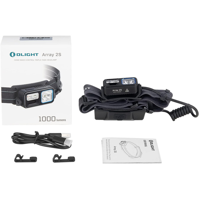 Налобний ліхтар OLIGHT Array 2S 1000 люмен, LED, жестове керування, USB акумулятор, 30 годин, червоне світло, SOS, 60° регулювання, IPX4, для бігу, риболовлі, туризму