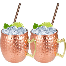 Набір мідних кухлів Moscow Mule 550 мл з трубочками, 2 шт. – ідеально для коктейлів та охолоджених напоїв, 100% мідь