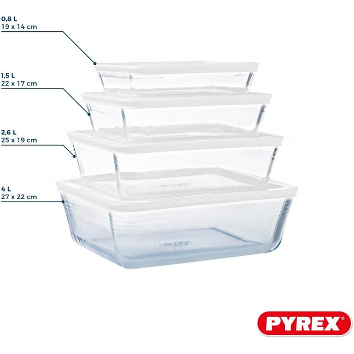 Набір скляних форм Pyrex Cook & Freeze з герметичними кришками (0,8 л, 1,5 л, 2,6 л, 4 л), для заморожування, без BPA