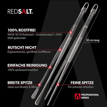 Преміум набір кулінарних пінцетів REDSALT 30 см, нержавіюча сталь 18/10, для кухні, гриля та гастрономії, можна мити в посудомийці