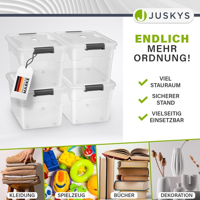 Набір пластикових контейнерів з кришкою Juskys, 4 шт. по 60 л — прозорі, великі, для зберігання, штабельовані