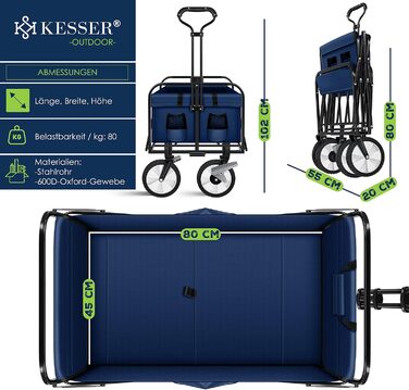 Складаний візок KESSER для транспортування, вантажопідйомність 150 кг, 360° ПВХ-колеса, 2 сітчасті кишені, бічна кишеня, чохол, без даху, синій, для саду та господарства
