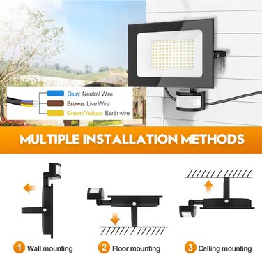 LED прожектор з датчиком руху та світла Papasbox, 100W, IP66, 6500K, з пультом, для вулиці, саду, гаража, спортмайданчика