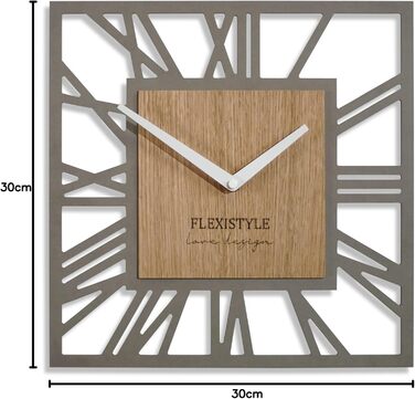 Сучасний настінний годинник FLEXISTYLE LOFT Piccolo Square 30 см, безшумний, для вітальні та ванної, сірий дуб
