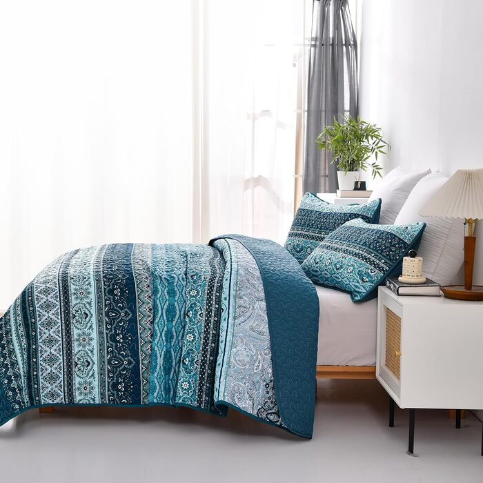 Покривало WONGS BEDDING 220x240 см, стьобане, комплект 3-в-1, мікрофібра, бохо стиль, темно-синє, з 2 наволочками 50x70 см, для двоспального ліжка або дивану