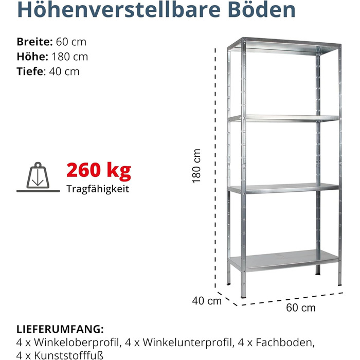 Металевий стелаж SCHULTE Regalwelt PowerMAX, 4 полиці, 65 кг, 180x60x40 см, оцинкований, для складу, майстерні, гаража, підвалу