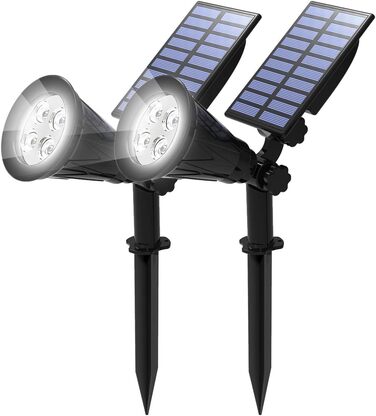 LED садові сонячні прожектори T-SUN, 2 шт, 4 LED, холодне біле світло 6000K, для газону, доріжок, тераси, дві режими освітлення, вуличне безпекове освітлення