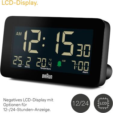 Цифровий годинник Braun BC10B з будильником, датою, місяцем, термометром, LCD-дисплеєм, швидким налаштуванням, чорний