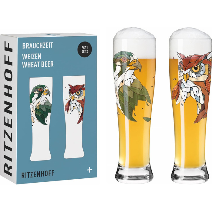 Пивний келих RITZENHOFF Brauchzeit F23 646 мл, набір 2 шт, з малюнком птахів, кольоровий, німецьке скло