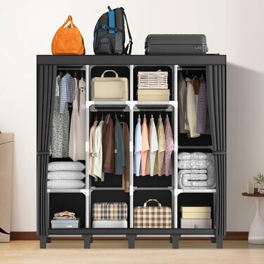 Тканинна шафа LOEFME 170x175x45 см для спальні, чорна, з 2 рейками для вішалок