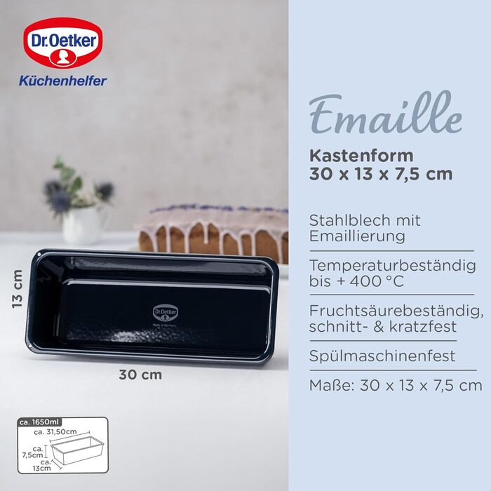 Форма для випікання хліба та кексів Dr. Oetker 30 см, емальована, міцна, стійка до подряпин, синя, для соковитої випічки