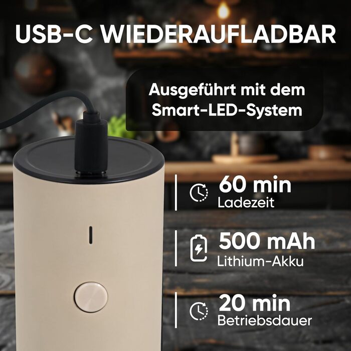 Електричний набір млинків для перцю та солі 75 мл, бежевий, USB-C, 6 режимів помолу, LED-підсвітка, стильний дизайн з нержавіючої сталі