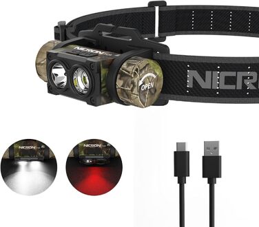Лобовий ліхтар NICRON H28 LED з червоним світлом, USB-зарядка, 500 люмен, водонепроникний IP67 для риболовлі, туризму, археології