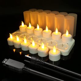 Ymenow Набір із 12 перезаряджуваних електричних LED чайних свічок з базою для зарядки, USB, мерехтливий ефект, для декору кімнати, Хелловіну, Різдва, весілля
