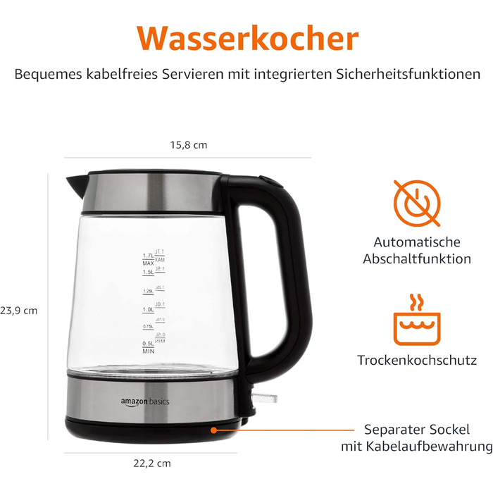 Електрочайник скляний Amazon Basics, 1,7 л, 2200 Вт, чорний/сріблястий