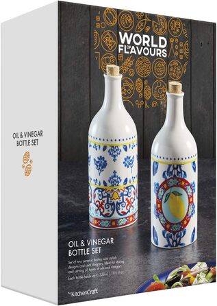 Набір керамічних пляшок для оцту та олії KitchenCraft World of Flavours, з корковими пробками, 500 мл, різнокольорові