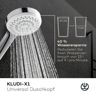 Універсальна душова лійка KLUDI-X1 з шлангом, 3 режими струменя, водозбереження, легке очищення, хром, Ø 10,7 см, 1,6 м