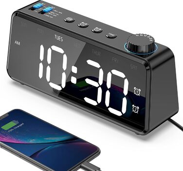Цифровий FM-радіо будильник ANJANK з USB-зарядкою, подвійним будильником, димованим LED-дисплеєм 6,5'', динаміком, функцією відкладання, для спальні, чорний