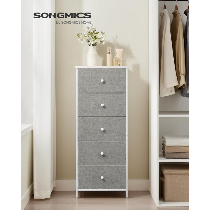 Комод SONGMICS з 5 тканинними шухлядами, металевий каркас, вузький, біло-дубовий, 29,8x45x112,3 см