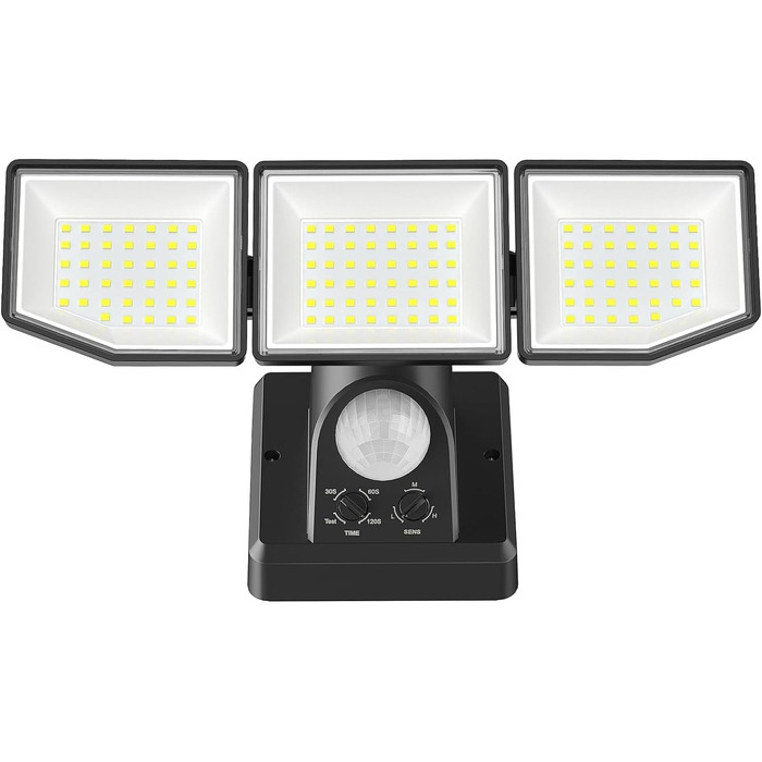LED прожектор з датчиком руху для вулиці, 6000 Лм, 38Вт, суперяскравий, з трьома регульованими головками, 6500K холодне біле світло, IP65 водонепроникний, для гаража, саду, двору