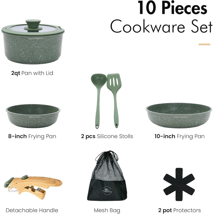Набір каструль і сковорідок Kitchen Academy 10 предметів з мармуровим антипригарним покриттям, скляними кришками, для індукції, зелений колір