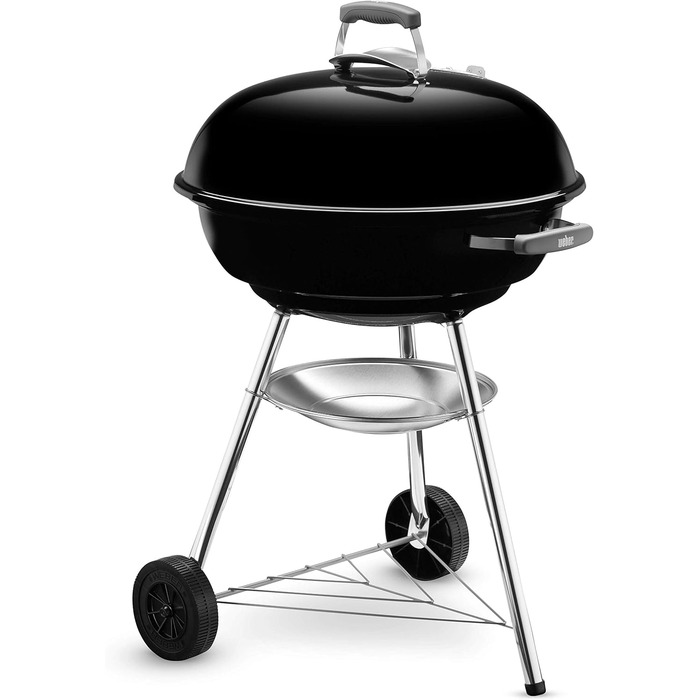 Вугільний гриль Weber Compact Kettle 57 см, порцелянове емалювання, кришка і котел, тринога з колесами, хромована решітка, чорний