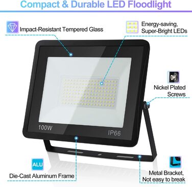 LED прожектор для вулиці 100Вт, 5шт, IP66 водонепроникний, 8500Лм, 6000K холодне біле світло, кут 120°, для зовнішнього та внутрішнього освітлення