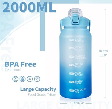Спортивна пляшка для води 2л Tritan з трубочкою та часовою розміткою, BPA-free, мотиваційна, для фітнесу, спортзалу, туризму