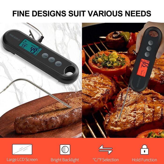 Цифровий кулінарний термометр Inkbird IHT-2XP, USB-зарядка, водостійкий IPX5, з LCD-дисплеєм та 2 зовнішніми зондами для м'яса, гриля, кухні та BBQ