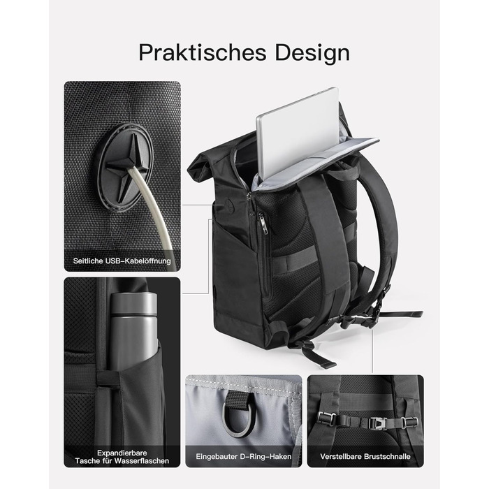 Рюкзак Inateck RollTop 25-30 л для чоловіків і жінок, з окремим відділенням для взуття, для ноутбука 17