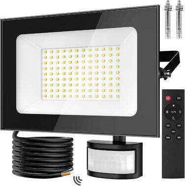 LED прожектор з датчиком руху та світла Papasbox, 100W, IP66, 6500K, з пультом, для вулиці, саду, гаража, спортмайданчика