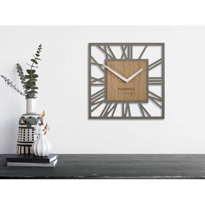 Сучасний настінний годинник FLEXISTYLE LOFT Piccolo Square 30 см, безшумний, для вітальні та ванної, сірий дуб