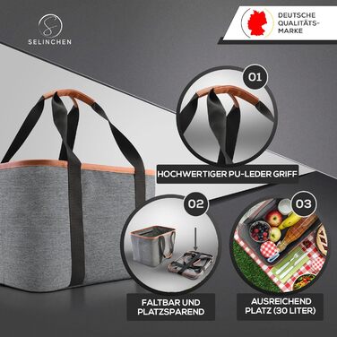 Selinchen® – Преміум кошик для покупок 30 л, складаний, з PU-шкіряною ручкою, сіра сумка-шопер, елегантний пікнік кошик