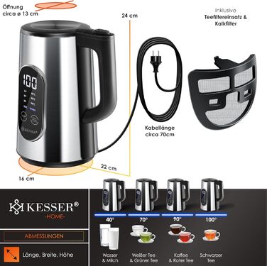 Електрочайник KESSER 1.7 л нерж. сталь, LED-дисплей, 2200 Вт, 4 режими температури, підтримка тепла, фільтр від накипу, BPA-Free, сріблястий