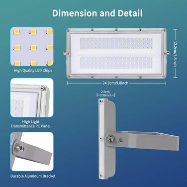Світлодіодний прожектор Viugreum 100W, 24000Лм, IP65, холодне світло 6500K, для вулиці, гаража, двору, з кабелем 50см, 10 шт.