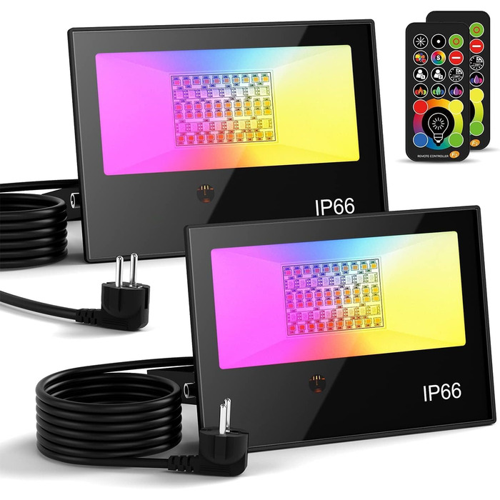 RGB LED прожектори для вулиці з пультом, 2 шт., 5000 Лм, диміруємі, кольорова підсвітка, тепле біле світло 3000K, IP66 водонепроникні, для саду, зовнішнього освітлення