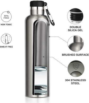 Термос-пляшка FEIJIAN FJbottle 316 із нержавіючої сталі, вакуумна, 750 мл, із карабіном, BPA-free, герметична пляшка для спорту, роботи та подорожей