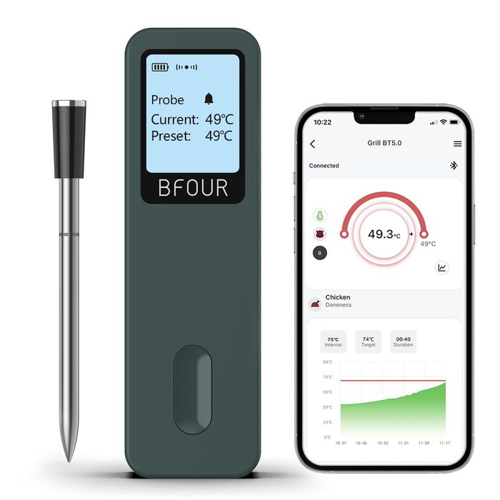 Бездротовий термометр для м'яса BFOUR з Bluetooth, водонепроникний IP67, з додатком, великий дисплей, для гриля, духовки, рожна (зелений)
