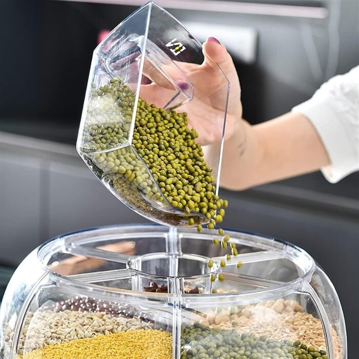 Контейнер для зберігання продуктів 3/6 кг, круглий харчовий диспенсер з 6 відсіками, що обертається на 360°, вологозахищений, багатофункціональний, пилозахищений, для домашнього використання
