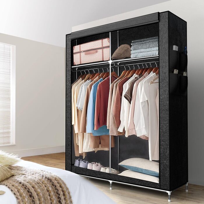 Тканинна шафа INTIRILIFE 108x170x45 см, чорна, з металевим каркасом, полицями, боковою кишенею та рейкою для одягу, розбірна, для зберігання речей