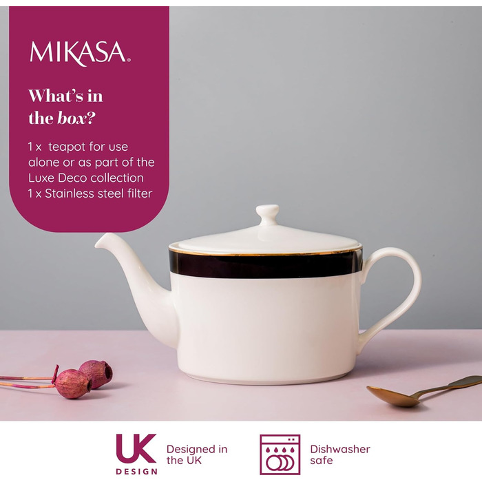 Чайник Mikasa Luxe Deco порцеляновий, 1.1 л, з фільтром, арт-деко, золото, для 4 чашок, підходить для посудомийки