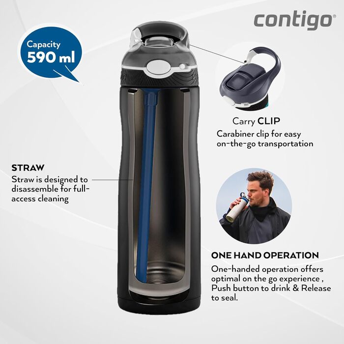 Термос-бутилка Contigo Ashland Chill з трубочкою, нержавіюча сталь, ізольована, не протікає, для спорту, велосипеда, туризму, 590 мл, чорна матова