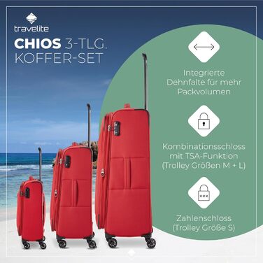 Валіза Travelite Chios L на 4 колесах, м'яка, з розширенням і захистом кутів, 78 см, 90-97 л, червона, дорожній чемодан