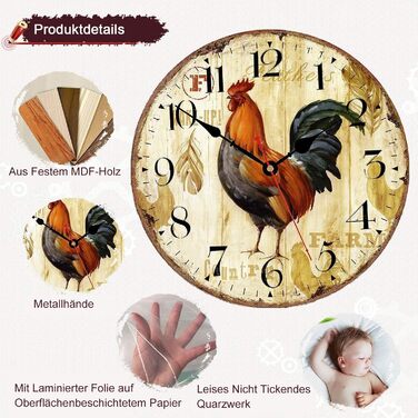 Настінний годинник VIKMARI Rustic Rooster 12 дюймів, безшумний кварцовий, круглий для кухні, батарейковий