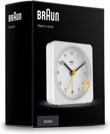 Класичний аналоговий будильник Braun з підсвічуванням, безшумний кварцовий механізм, функція дрімоти, поступовий сигнал, білий BC03W
