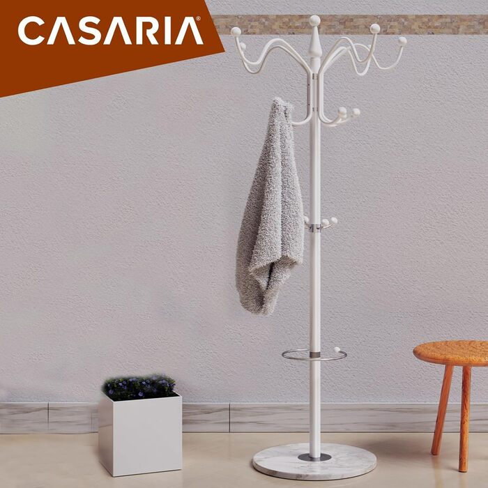 Вішак Casaria з мармуровою основою, металевий, 14 гачків, обертається на 360°, стабільний, 37x37x175 см, для передпокою та офісу, гардеробний вішак для одягу та курток, білий, вигнутий дизайн